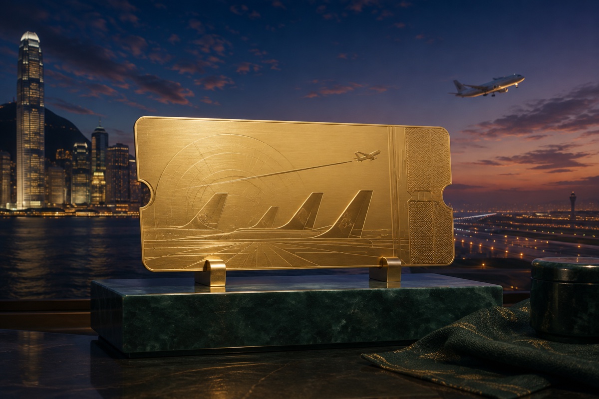 Editorial illustration of Cathay Pacific’s commemorative boarding-pass collectible displayed against Hong Kong harbour and airport runway lights.