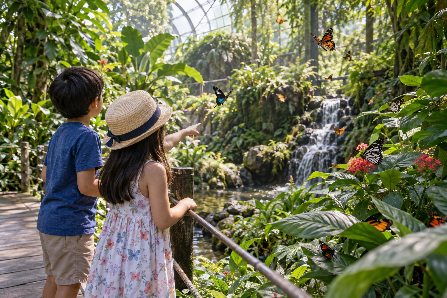 Children watching butterflies inside a tropical conservatory in Penang