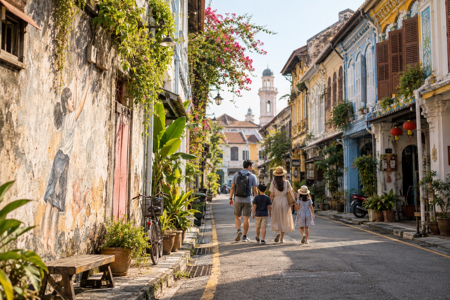 Family walking past colourful heritage shophouses and street art in George Town, Penang