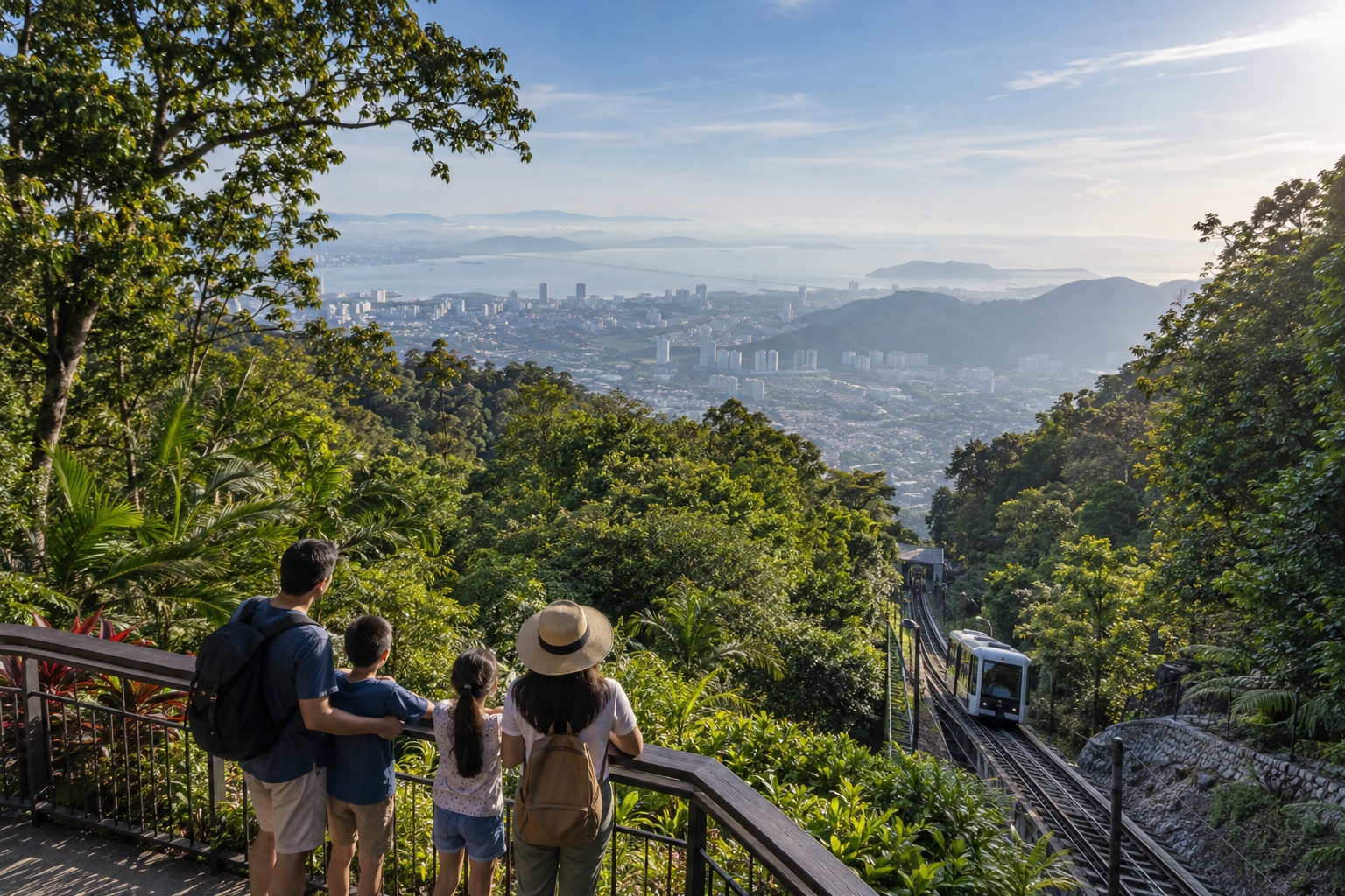 Family looking across Penang from the rainforest on Penang Hill