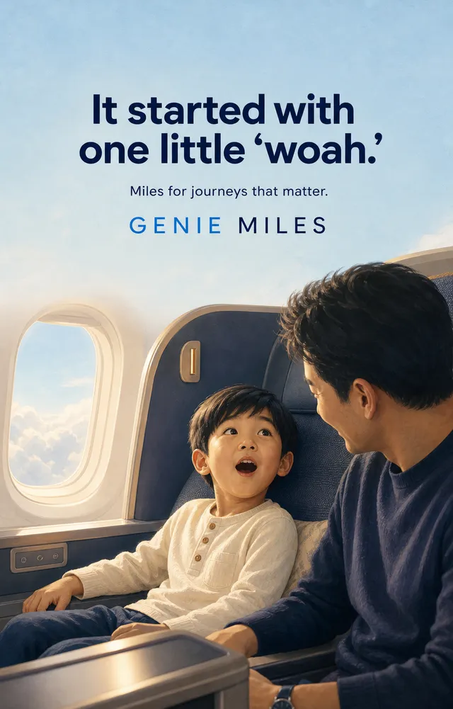 A father sharing his young son's moment of wonder in a business class seat