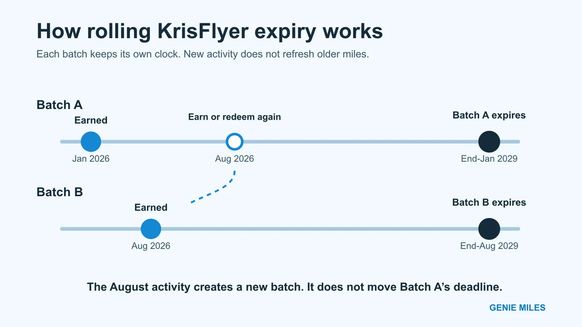 Timeline showing separate January and August KrisFlyer mileage batches retaining their own three-year expiry dates
