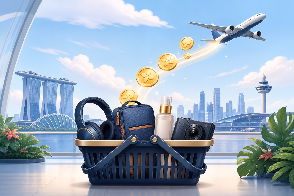 Illustration of a basket holding four travel and lifestyle products, with reward-mile tokens leading towards an aircraft above Singapore.