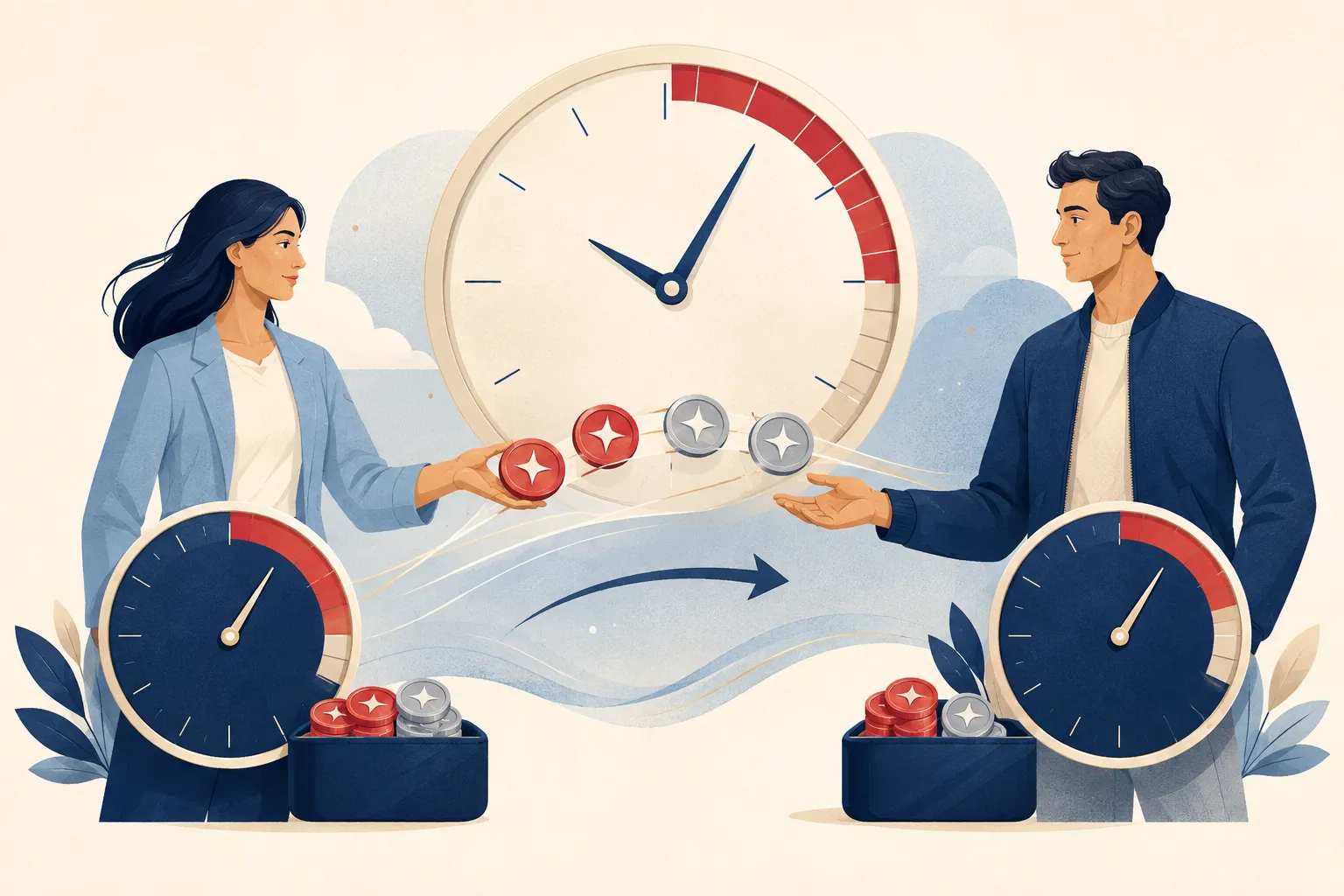 Two family members transferring reward tokens while their account clocks continue running