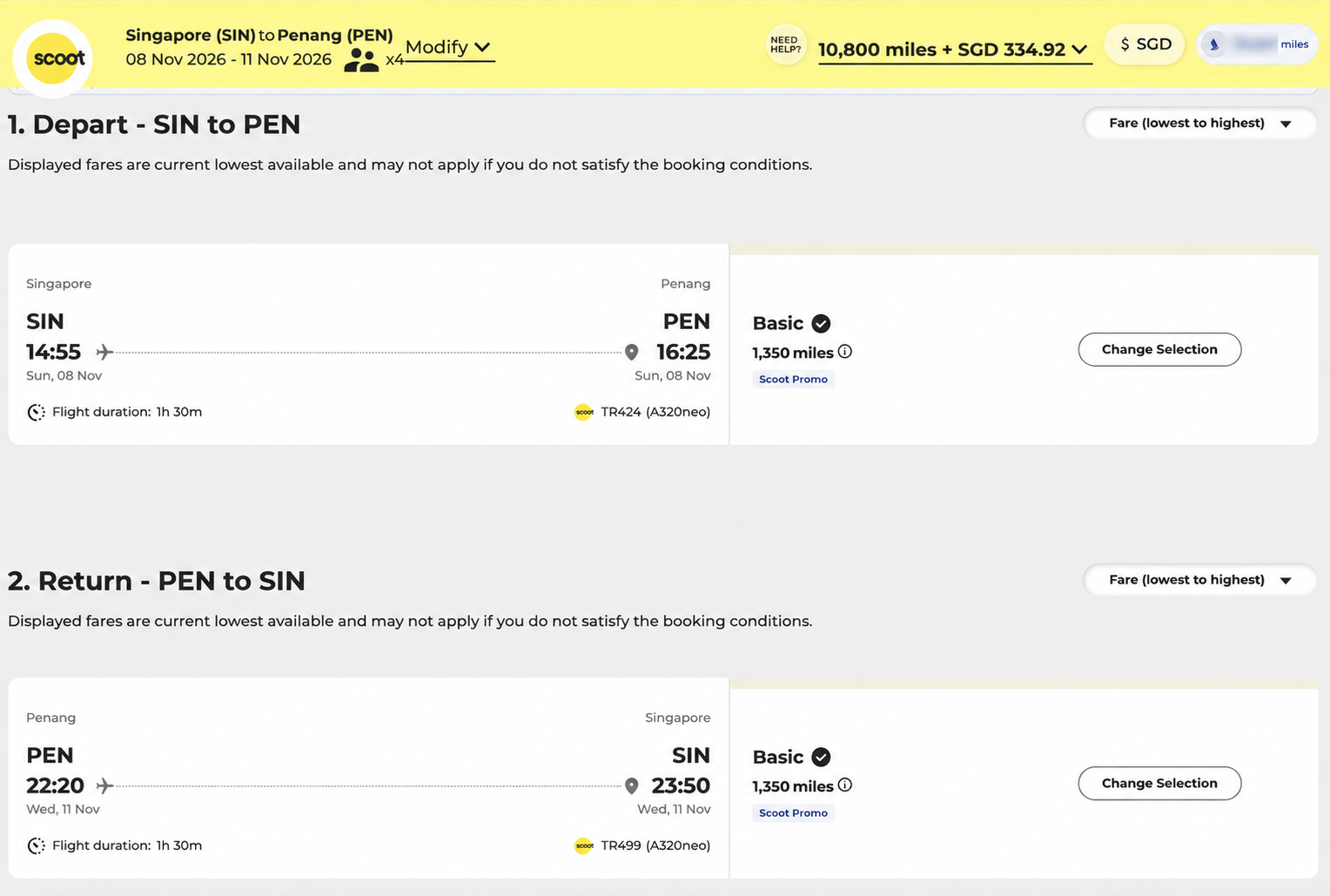 Scoot booking showing four return tickets from Singapore to Penang for 10,800 miles plus 334 dollars and 92 cents