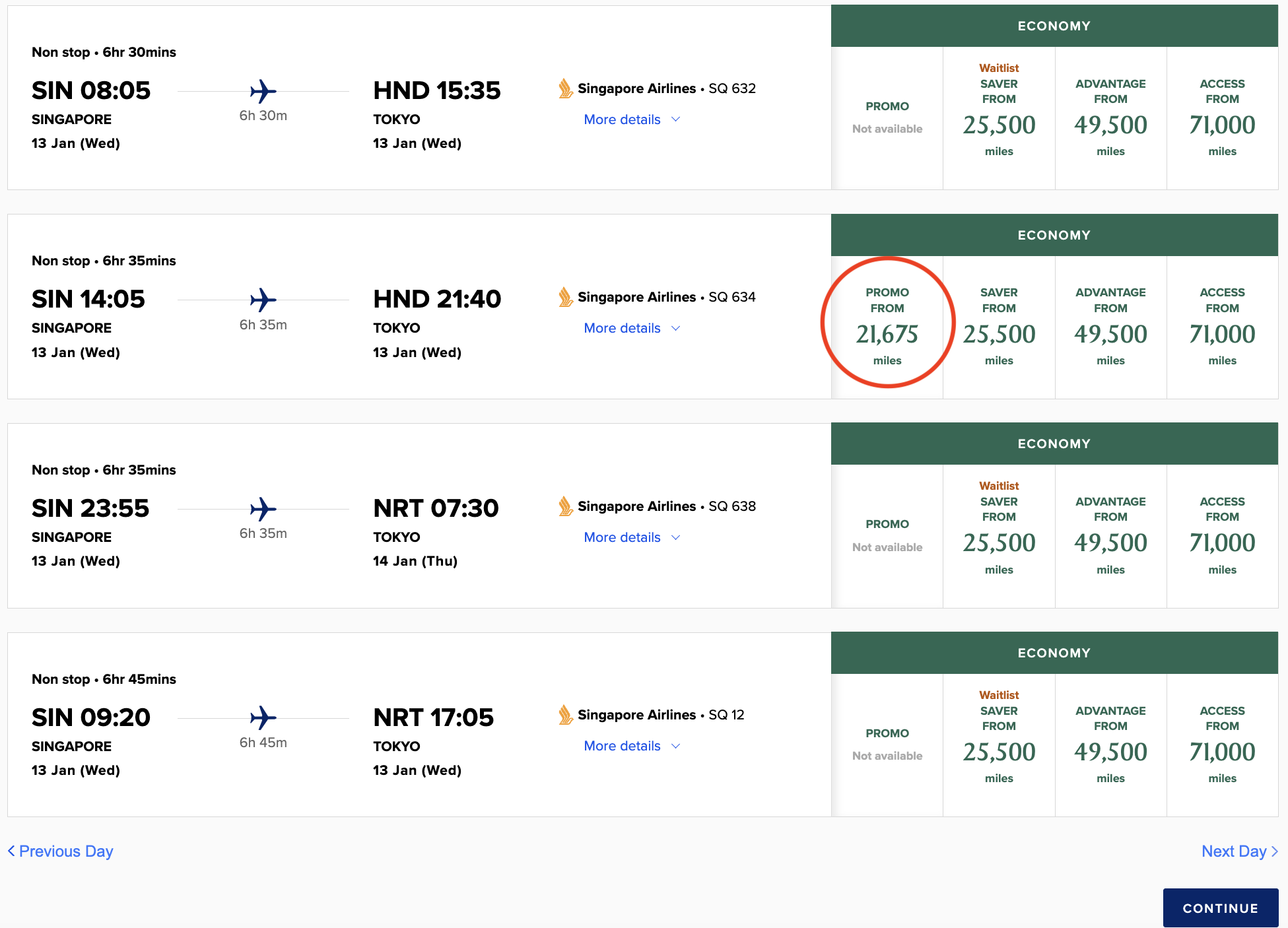 Singapore Airlines KrisFlyer booking results showing SQ634 from Singapore to Tokyo Haneda at the Promo rate of 21,675 miles